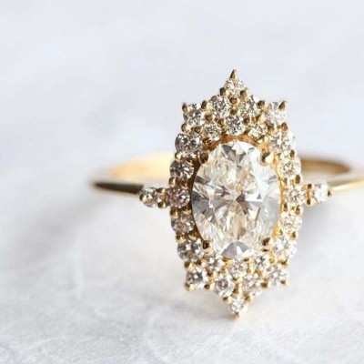 Yellow Gold Oval Cut White Sapphire 925 Sterling Silver Cluster Engagement Ring