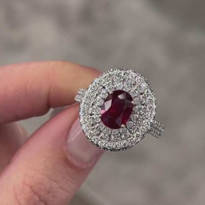 Oval Cut Ruby 925 Sterling Silver Double Halo Engagement Ring