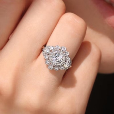 Art Deco Round Cut White Sapphire 925 Sterling Silver Halo Engagement Ring