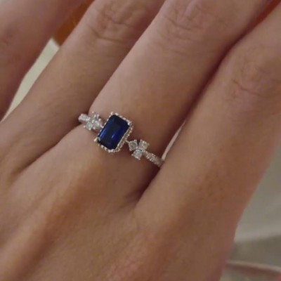 Emerald Cut Blue Sapphire 925 Sterling Silver Engagement Ring