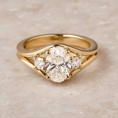 Yellow Gold Oval Cut White Sapphire 925 Sterling Silver 3-Stone Engagement Ring