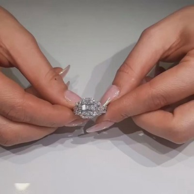 Emerald Cut White Sapphire 925 Sterling Silver Cluster Engagement Ring