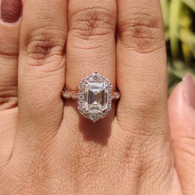 Vintage Rose Gold Emerald Cut White Sapphire 925 Sterling Silver Halo Engagement Ring