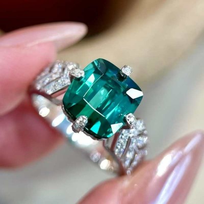 Cushion Cut Emerald 925 Sterling Silver Engagement Ring