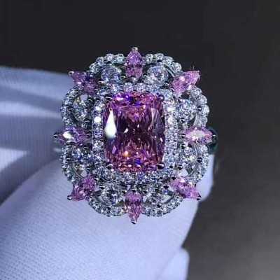 Lovely Cushion Cut Pink Sapphire 925 Sterling Silver Triple Halo Engagement Ring