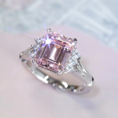 Emerald Cut Pink Sapphire 925 Sterling Silver Engagement Ring