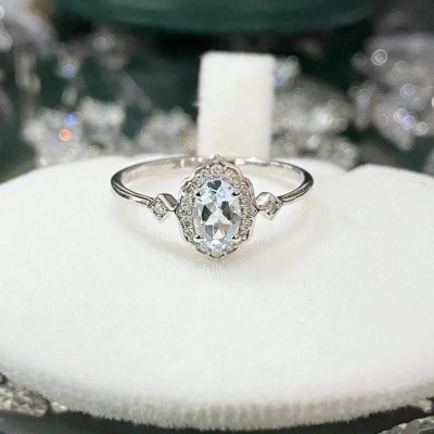 Vintage Oval Cut Aquamarine 925 Sterling Silver Engagement Ring