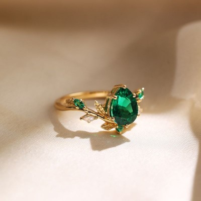 Yellow Gold Pear Cut Emerald 925 Sterling Silver Leaf Engagement Ring