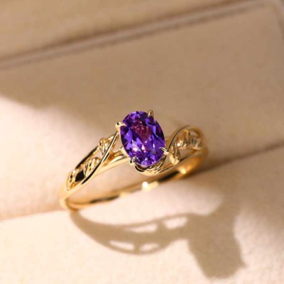Yellow Gold Oval Cut Amethyst 925 Sterling Silver Leaf Engagement Ring
