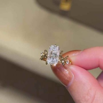 Yellow Gold Radiant Cut White Sapphire 925 Sterling Silver Leaf Engagement Ring