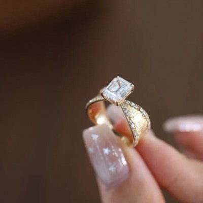 Vintage Emerald Cut White Sapphire 925 Sterling Silver Rectangle Brushed Wide Band Solitaire Engagement Ring