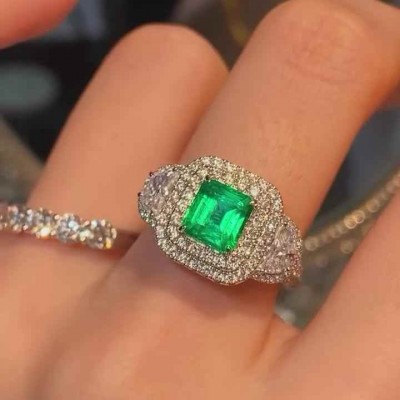 Princess Cut Emerald 925 Sterling Silver Double Halo Engagement Ring