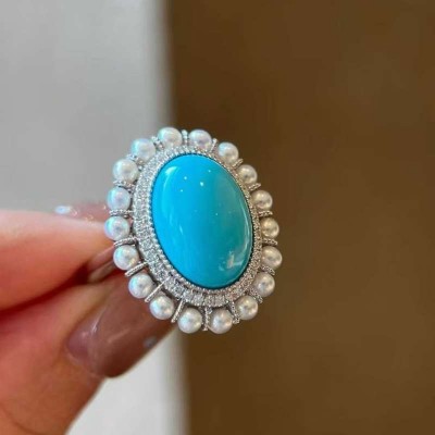 Oval Cut Turquoise 925 Sterling Silver Pearl Halo Engagement Ring