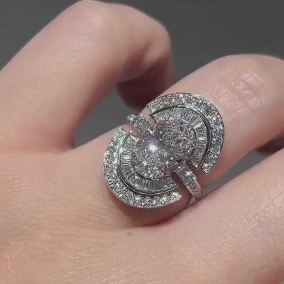 Art Deco Oval Cut White Sapphire 925 Sterling Silver Halo Engagement Ring