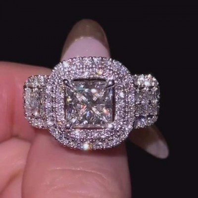 Princess Cut White Sapphire 925 Sterling Silver Halo Engagement Ring