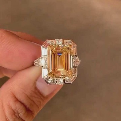 Emerald Cut Yellow Topaz 925 Sterling Silver Halo Engagement Ring
