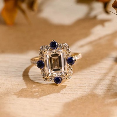 Vintage Yellow Gold Emerald Cut White Sapphire and Blue Sapphire 925 Sterling Silver Halo Engagement Ring