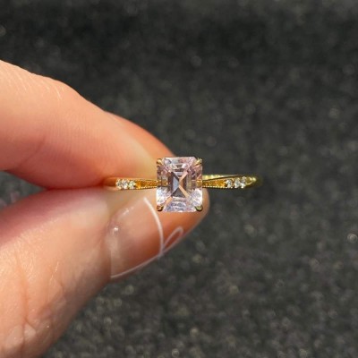 Yellow Gold Emerald Cut Pink Sapphire 925 Sterling Silver Engagement Ring