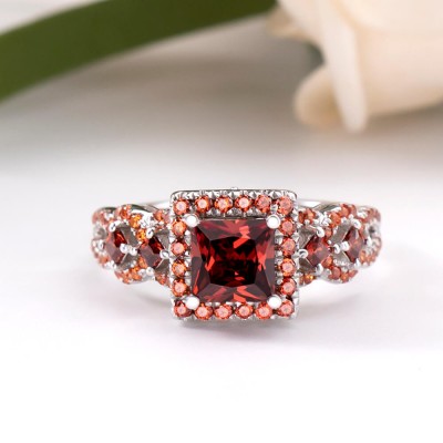 Princess Cut Garnet Sterling Silver Halo Engagement Ring