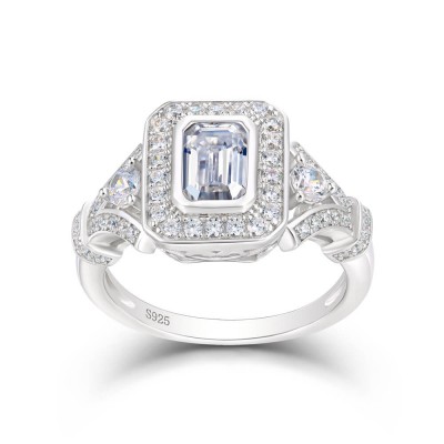 Emerald Cut White Sapphire Sterling Silver Halo Engagement Ring