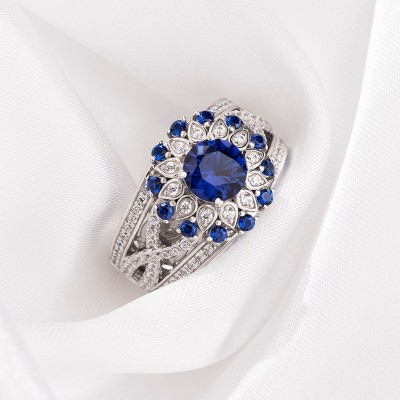 Round Cut Blue Sapphire 925 Sterling Silver Floral Halo Engagement Ring