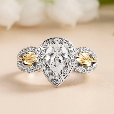 Pear Cut White Sapphire 925 Sterling Silver Two-Tone Gold Flower Inspired  Engagement Ring