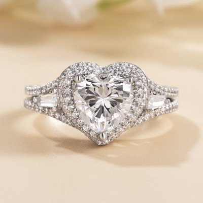 Heart Cut White Sapphire Split Shank Sterling Silver Halo Engagement Ring