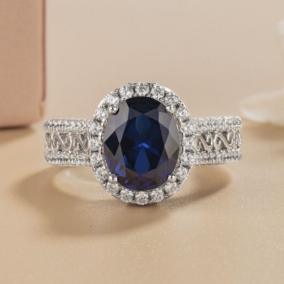 Oval Cut Blue Sapphire 925 Sterling Silver Halo Engagement Ring