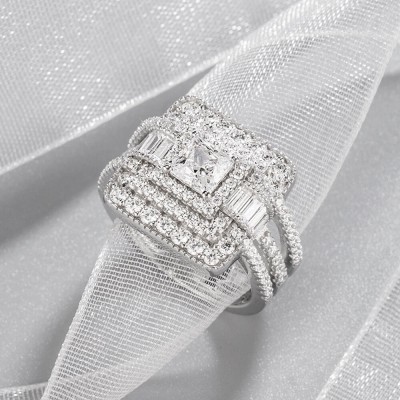 Princess Cut White Sapphire Sterling Silver Triple Halo Shank Engagement Ring