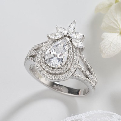 Pear Cut White Sapphire 925 Sterling Silver Double Halo Engagement Ring