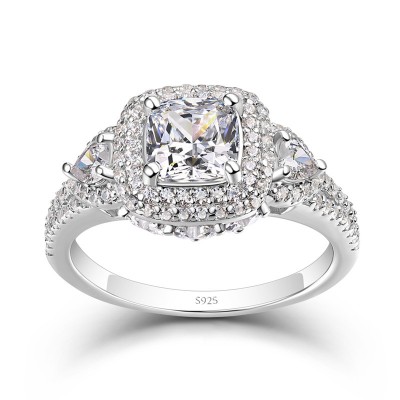 Cushion Cut White Sapphire 925 Sterling Silver Halo Three-Stone Engagement Ring