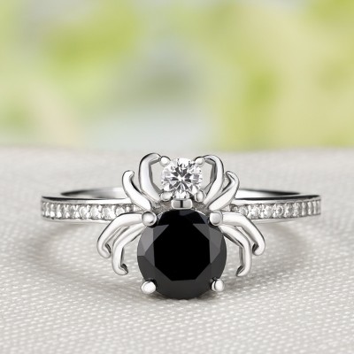 Round Cut Black Sapphire Sterling Silver Spider Ring