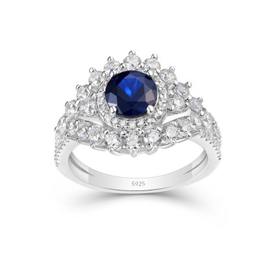 Round Cut Blue Sapphire 925 Sterling Silver Halo Engagement Ring