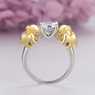 "Together Forever" Round Cut White Sapphire Yellow Gold Sterling Silver Elephant Ring