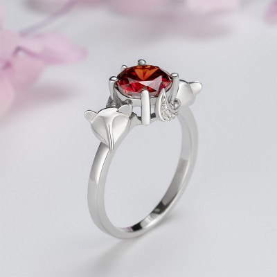 Round Cut Ruby Sterling Silver Fox Ring