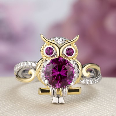 Two-Tone Round Cut Garnet 925 Sterling Silver Owl Ring