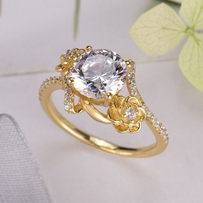 Gold Round Cut White Sapphire Sterling Silver Rose Ring