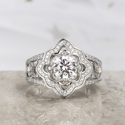Vintage Floral Round Cut White Sapphire 925 Sterling Silver Halo Engagement Ring