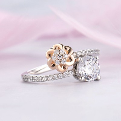 Round Cut White Sapphire Sterling Silver Rose Gold Flower Ring