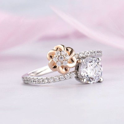 Round Cut White Sapphire Sterling Silver Rose Gold Flower Ring