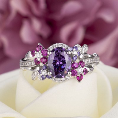 Oval Cut Amethyst Sterling Silver Flowers Bloom Engagement Ring