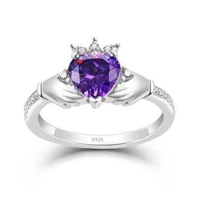 Claddagh Heart Cut Amethyst 925 Sterling Silver Engagement Ring