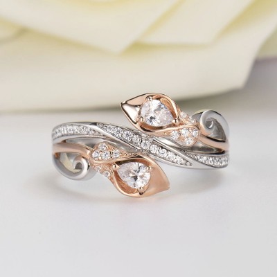 Pear Cut White Sapphire Sterling Silver Rose Gold Tulips Ring