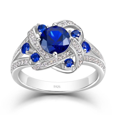 Unique Round Cut Blue Sapphire Sterling Silver Knot Engagement Ring