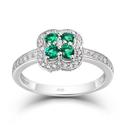 Round Cut Emerald Sterling Silver Halo Engagement Ring