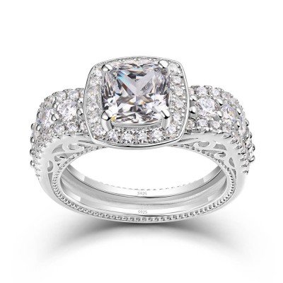 Cushion Cut White Sapphire 925 Sterling Silver Halo Engagement Ring