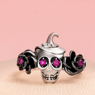 Halloween Black Flower 925 Sterling Silver Skull Ring