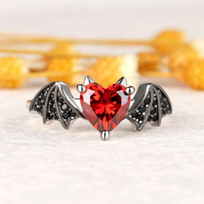 Heart Cut Ruby Sterling Silver Bat Ring