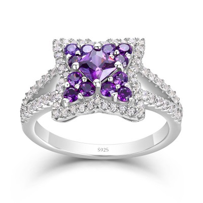 Princess Cut Amethyst 4-Point Star Sterling Silver Women's Ring