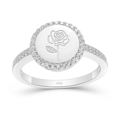 Personalized Round Birth Flower 925 Sterling Silver Signet Ring for Women